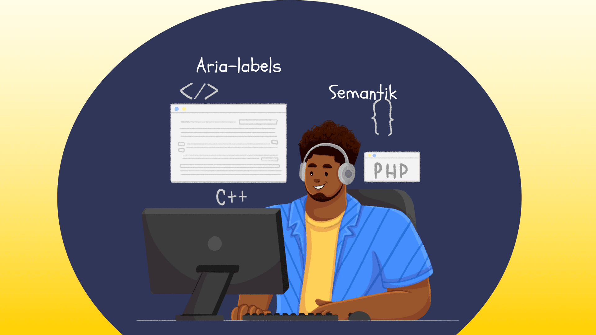 Illustration av person med hörlurar som sitter vid datorn. Tankebubblor omger där det står kodtermer samt olika tillgänglighetsattribut som används i kod.