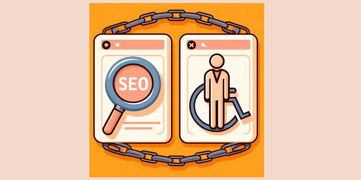 Illustration av två webbläsarfönster ihop med en kedja, ett med ett förstoringsglas och texten SEO, det andra med en accessibility-symbol.